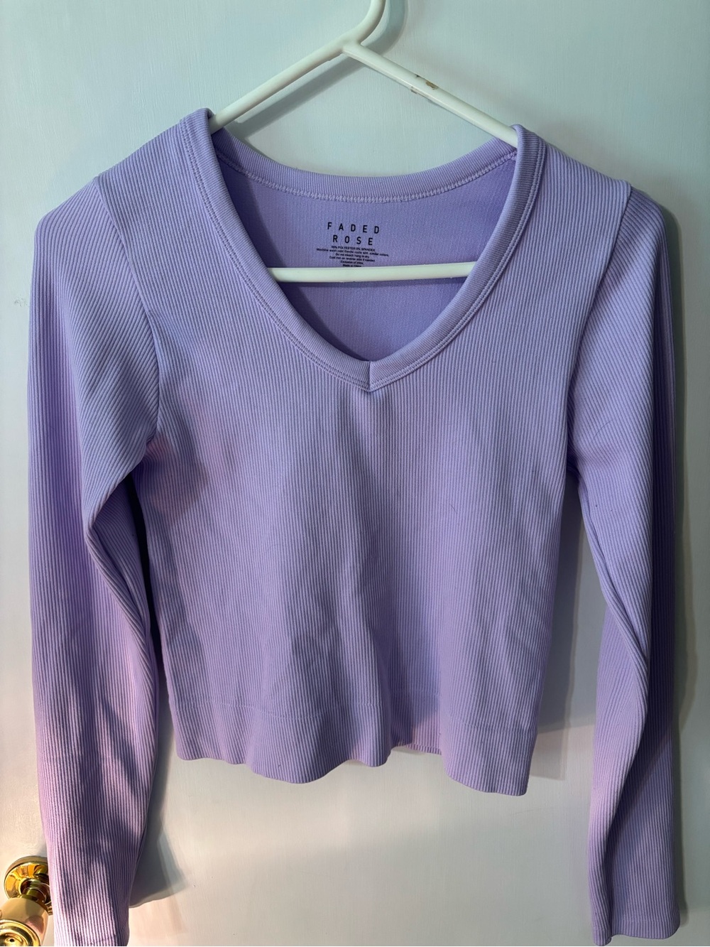 Faded Rose Lavender Ribbed V-Neck Long Sleeve Top